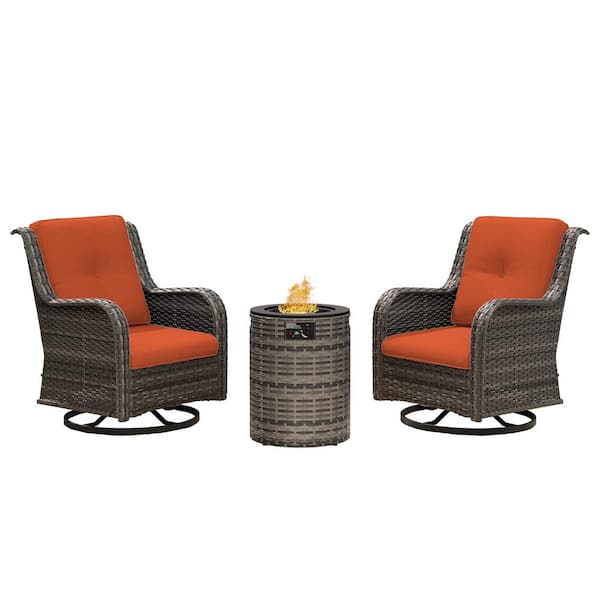 3-Piece Brown Rattan Wicker Outdoor Fire Pit Table Patio Set Swivel Rocking Chair with Orange Cushions