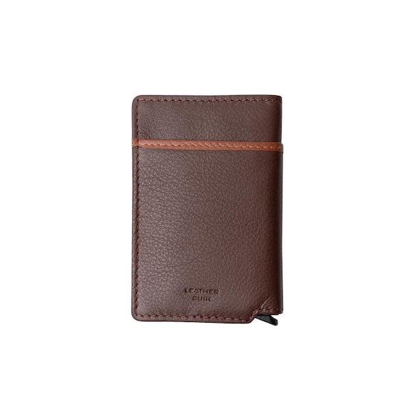 CHAMPS Minimalist Brown Genuine Leather RFID Blocking Zip Case Card Holder  in Gift Box CH-605-Brown - The Home Depot
