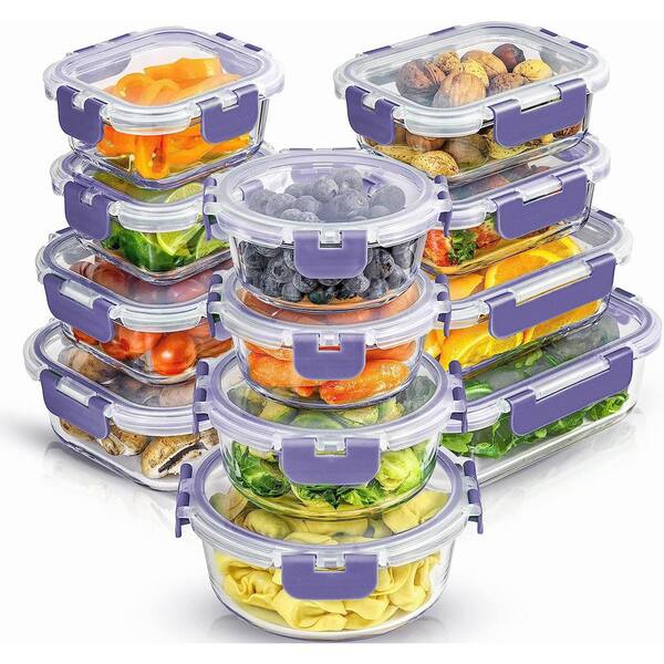 Aoibox 24-Piece Borosilicate Glass Storage Containers with Lids, 12-Airtight, Freezer Safe Food Storage Containers, Purple, Clear