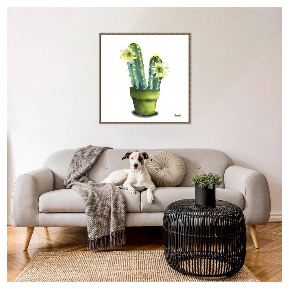 Cactus Flowers II Green and Yellow Canvas Print with Bronze Frame