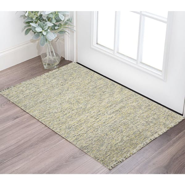 2 ft. x 3 ft. Gold Ivory and Gray Wool Striped Hand Woven Area Rug with Fringe