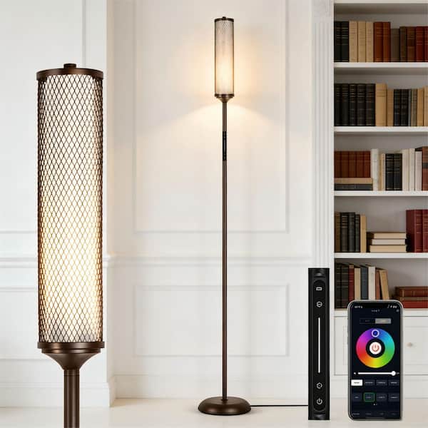 66 in. Smart Brown RGB Dimmable Birghtness Standard Floor Lamp with Wire Lamp Shade