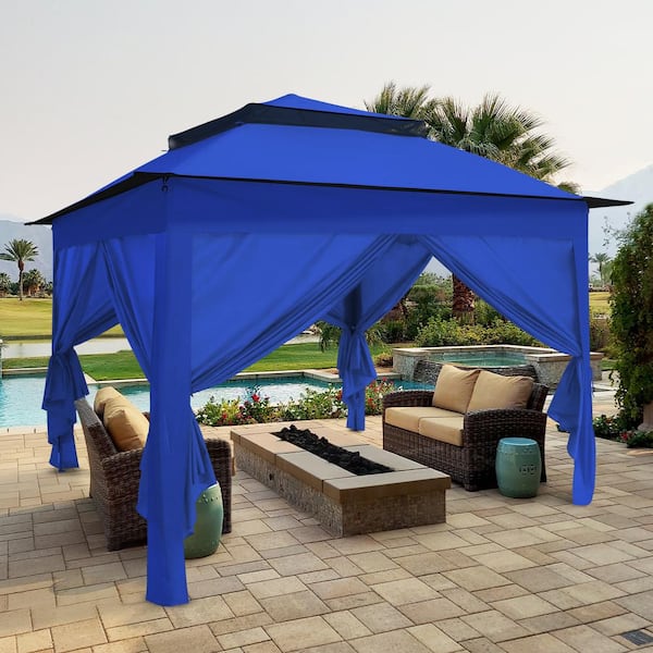 11 ft. x 11 ft. Blue Portable Pop up 2-Tier Gazebo with 4 Sidewalls Outdoor Canopy Shelter with Carry Bag