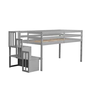 Gray Twin Low Loft Bed with 2 Compartments Stair Case, Storage, Safety Guard Rail, for Children / Kids Bedroom