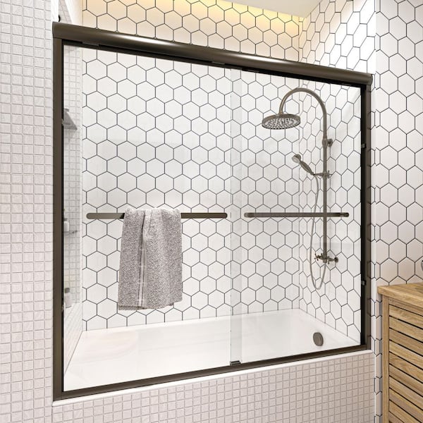 56 to 60 in. W x 58 in. H Sliding Framed Tub Door in Oil Rubbed Bronze with Clear Glass