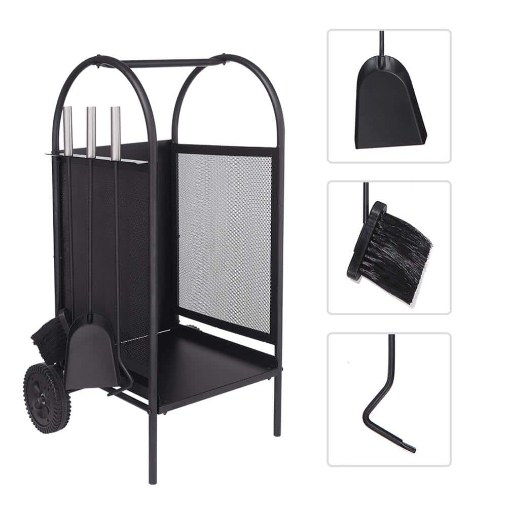 31.5 in. x 14 in. x 14 in. Black Firewood Rack Log Cart with Wheels and 3 F