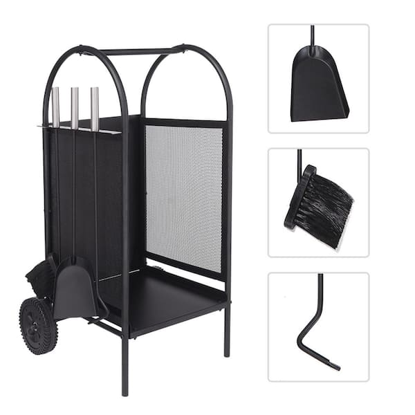 Unbranded 31.5 in. x 14 in. x 14 in. Black Firewood Rack Log Cart with Wheels and 3 Fireplace Tool Set