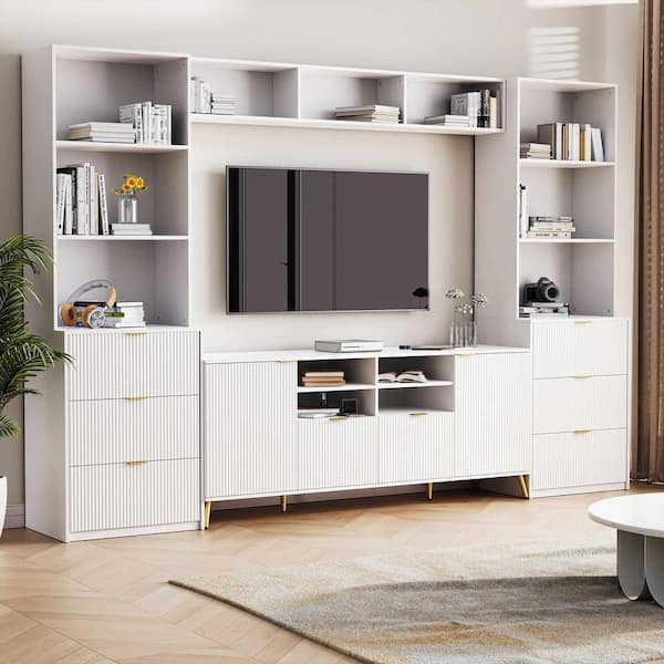 Polibi Modern White TV Stand Fits TV's up to 70 in. with 13 Shelves, Fluted Line Surface