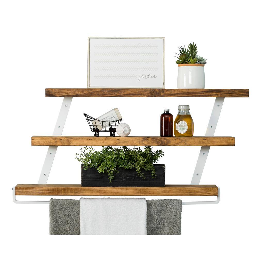 Del Hutson Designs 36 in. Walnut Grace Chic 3Tier Floating Shelf with Towel Holder DHD3922wln