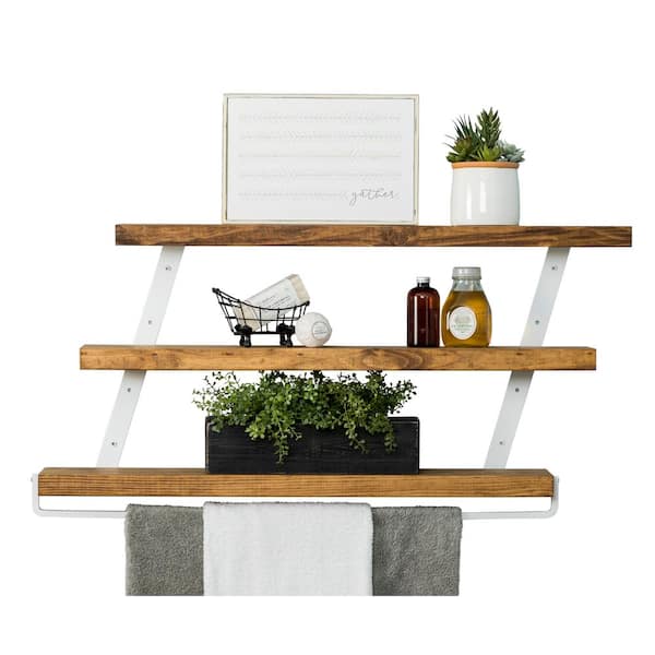 Del Hutson Designs 36 in. Walnut Grace Chic 3-Tier Floating Shelf with Towel Holder