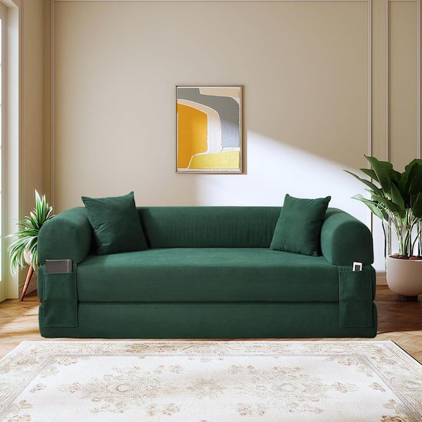 Modern 60 in. Dark Green Corduroy Upholstery Queen Size Folding Sleeper Sofa Bed