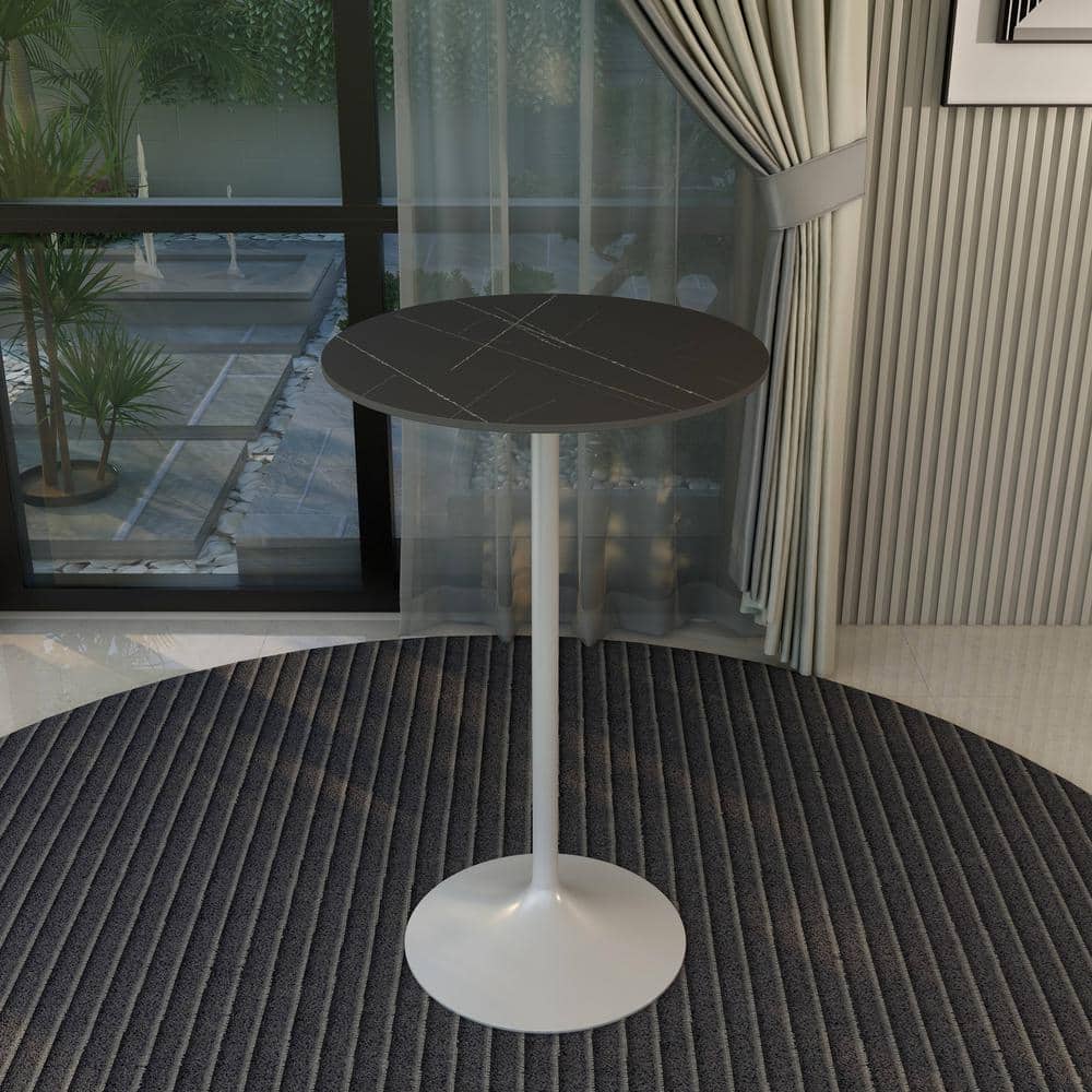 Round 27" Bar Height Dining Table with Sintered Stone Top and White Steel Pedestal Base Verve Series in Black Marbleized