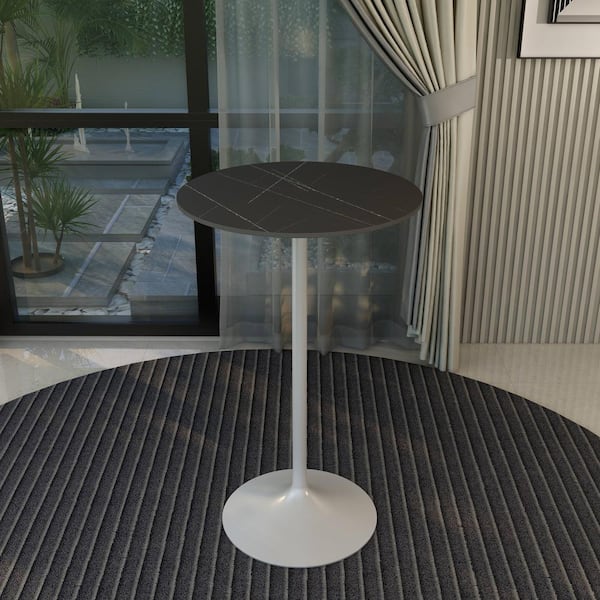 Leisuremod Round 27 in. Bar Height Dining Table with Sintered Stone Top and White Steel Base Verve Series in Black Marbleized