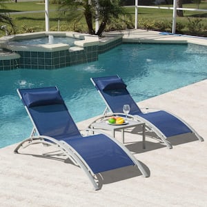 3-Piece Aluminum Frame Outdoor Patio Sling Chaise Lounge Set with Side Table, Blue Textilene
