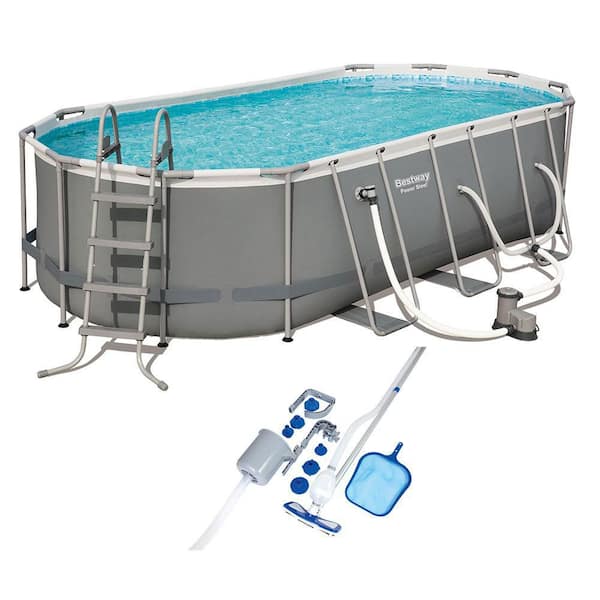 Bestway 18 ft. Power Steel Swimming Pool Set with Vacuum and Maintenance Kit, Oval