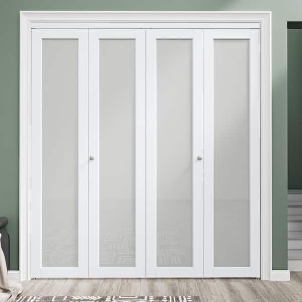 72 in. x 80 in. 1-Lite Frosted Glass Solid Core MDF White Finished Closet Bi-Fold Door with Hareware