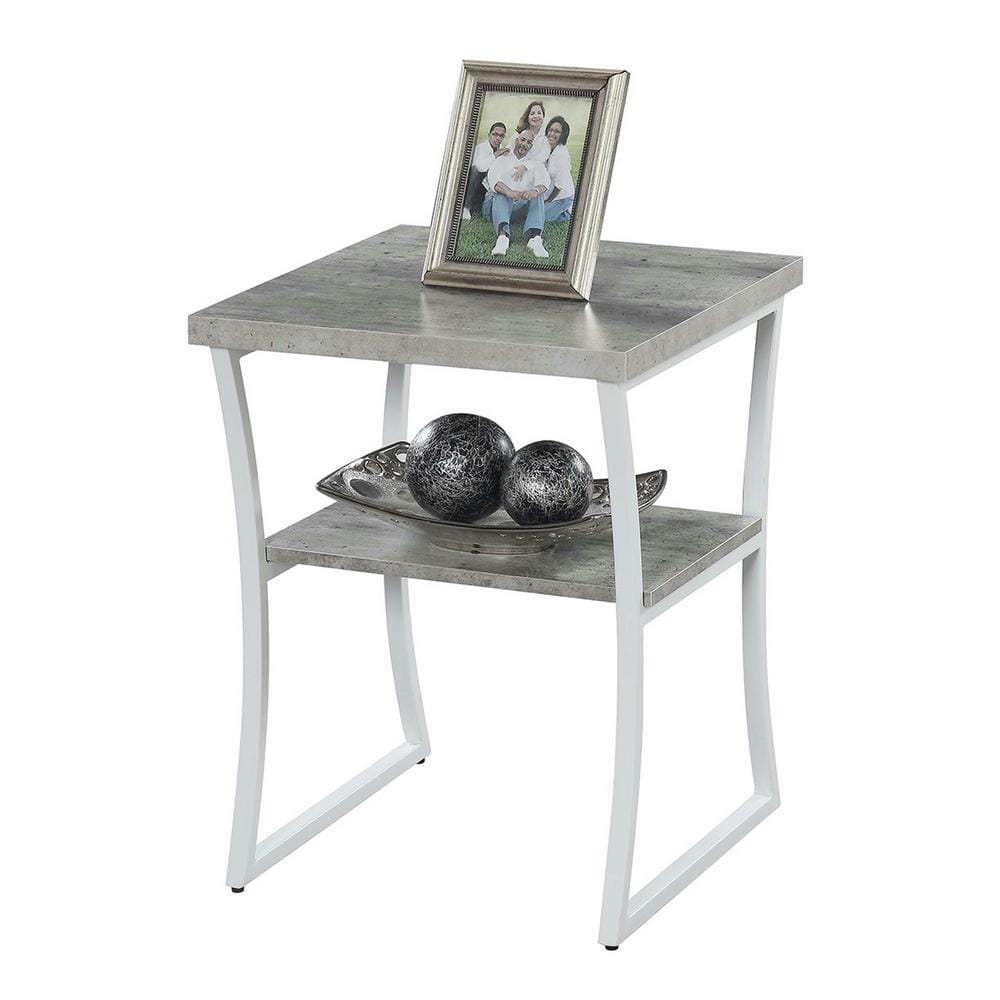 Gray Faux Birch Wood and White Metal Frame End Table