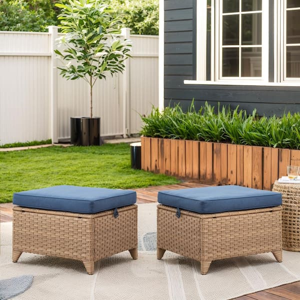 Yellow Wicker Outdoor Ottoman with Blue Cushions (2-Pack)