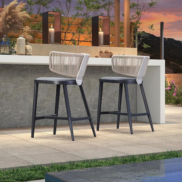 PURPLE LEAF Modern Aluminum Outdoor Bar Stool Magnalium Button Rope Kelley Patio Bar Stool with Backrest and Cushion (Set of 2)