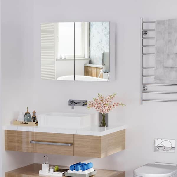 32 in. W x 24 in. H Rectangular Wood Medicine Cabinet with Mirror, Mirror Cabinet W/ Adjustable Shelf and 2 Doors