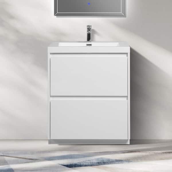 30 in. W x 20 in. D x 33 in. H Single Freestanding Vanity in Glossy White with Solid Surface Sink Top in White