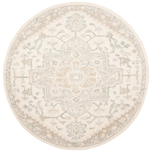 Micro-Loop Ivory/Beige 11 ft. x 11 Floral Medallion Round Area Rug