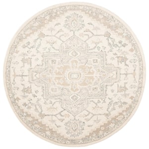 Micro-Loop Ivory/Beige Doormat 3 ft. x 3 ft. Floral Medallion Round Area Rug