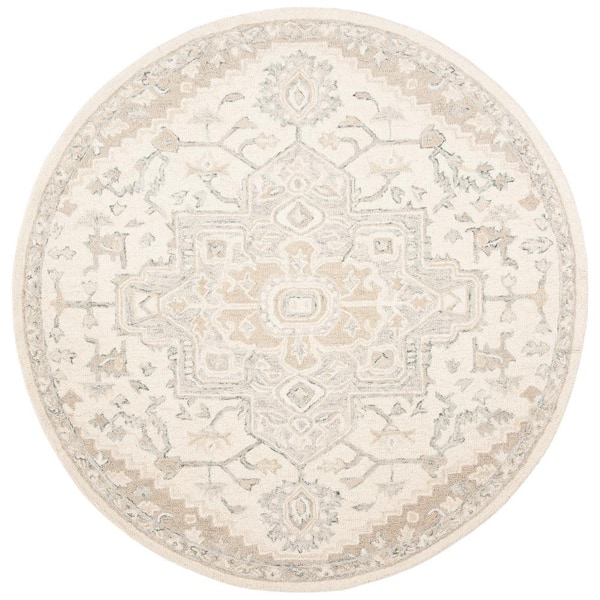 SAFAVIEH Micro-Loop Ivory/Beige 9 ft. x 9 ft. Transitional Floral Medallion Round Area Rug