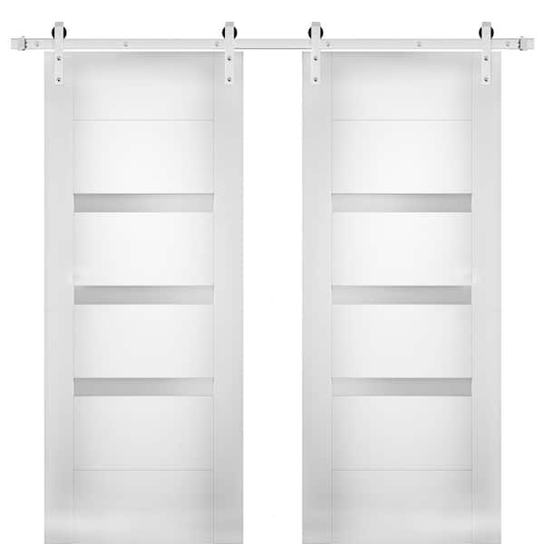 VDOMDOORS 84 in. x 80 in. Single Panel White Solid MDF Sliding Doors with Double Barn Stainless Hardware
