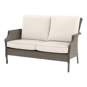 Grayson Ash Gray Wicker Outdoor Patio Loveseat with CushionGuard Almond Cushions