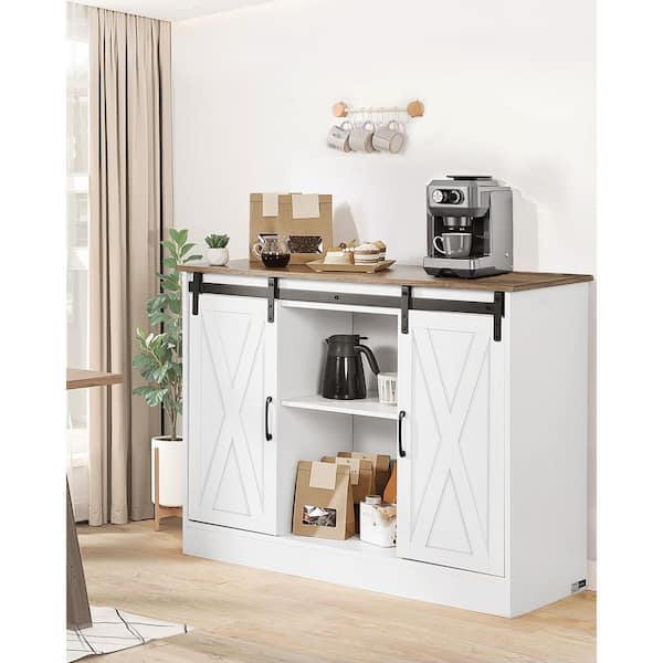 Coffee Bar Cabinet. 41.8 in. x 15.8 in. x 32.1 in. 3-Tier Storage, Barn Doors, for Living Room and Entryway White