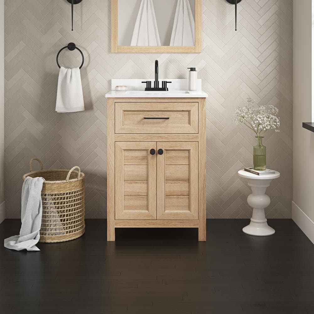 Home Decorators Collection Hanna 24 in. W x 19 in. D x 34.5 in. H Single Sink Bath Vanity in Weathered Tan with White Engineered Stone Top