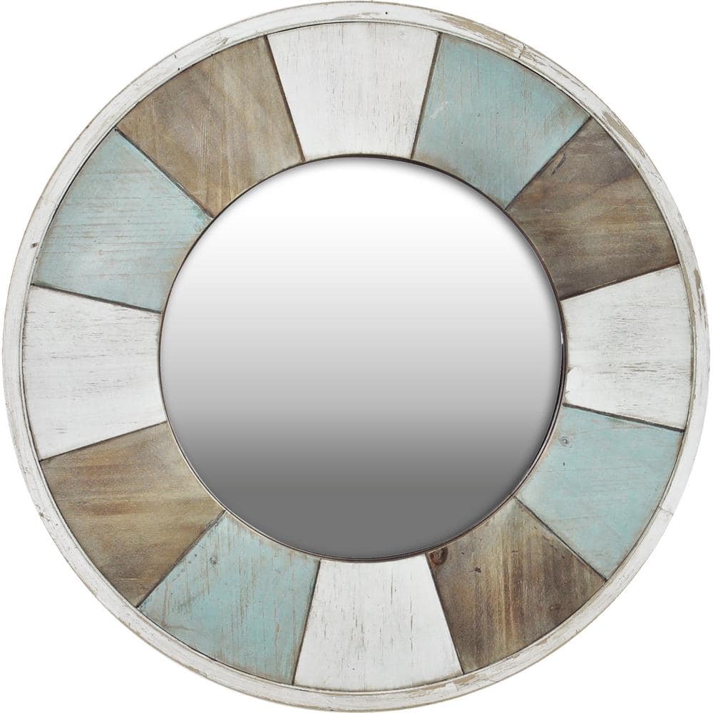 Rustic Cottage Round 29.5" Wall Mirror in Aged Teal and Shabby Wood