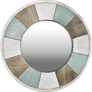 Medium Round Aged Teal Shabby White Natural Wood French Provincial Mirror (27 in. H x 2 in. W)