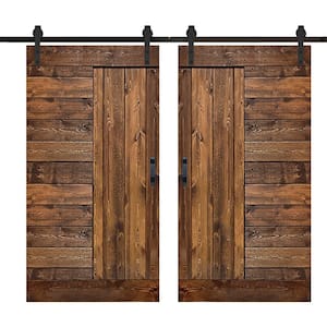 L Series 84 in. x 84 in. Dark Walnut Finished Solid Wood Double Sliding Barn Door with Hardware Kit - Assembly Needed