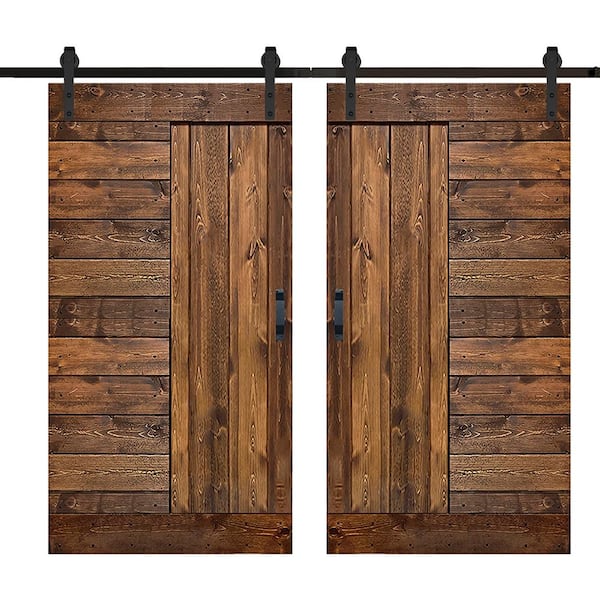 ISLIFE L Series 84 in. x 84 in. Dark Walnut Finished Solid Wood Double Sliding Barn Door with Hardware Kit - Assembly Needed