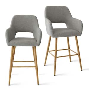 Upholstered 25.5 in. Grey Counter Stool with Arm Metal Frame (Set of 2)