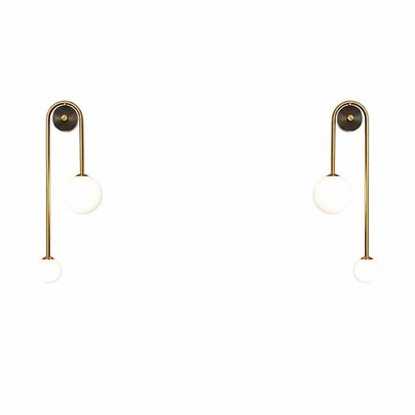 Modern Wall Sconce Set of 2, Mid-Century Black Gold U-Shape with Milk Glass Shade, Bedroom Bathroom Dining