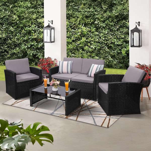 Unbranded 4-Piece Black Wicker Courtyard Patio Conversation Furniture Set with Gray Soft Cushions and Black Tempered Glass Table