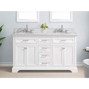 Windlowe 61 in. W x 22 in. D x 35 in. H Freestanding Bath Vanity in White with Carrara White Marble Top