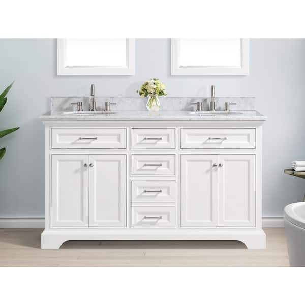 Home Decorators Collection Windlowe 61 in. W x 22 in. D x 35 in. H Freestanding Bath Vanity in White with Carrara White Marble Top