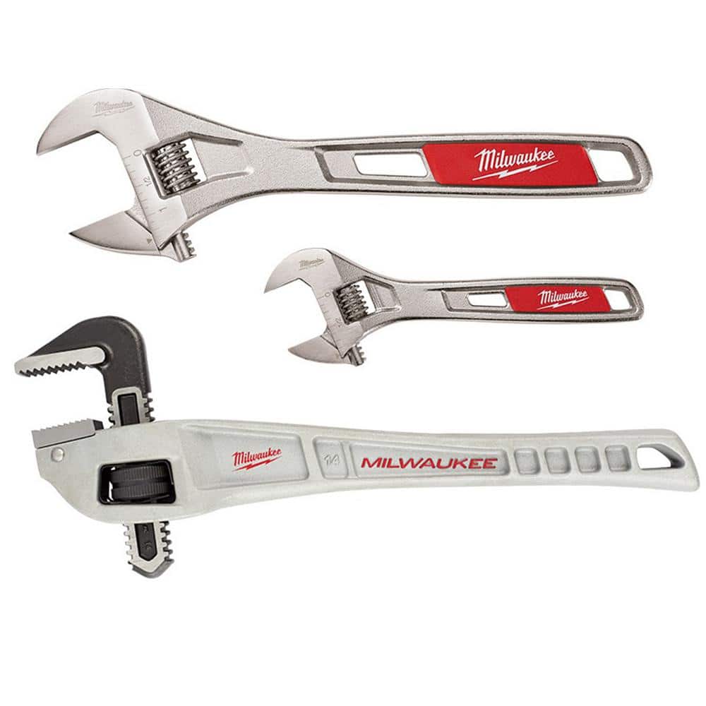 Milwaukee in. and 10 in. Adjustable Wrench Set with 14 in. Aluminum  Offset Pipe Wrench (3-Piece) 48-22-7400-48-22-7184 The Home Depot