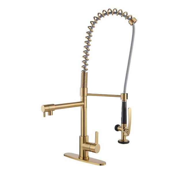 28.7 in. Single Handle Pull Down Sprayer Kitchen Faucet with 360 Degree Spout Swivel in Brushed Gold