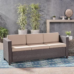 Dark Brown Wicker Outdoor Patio Couch with Beige Cushions for Garden, Backyard, Balcony and Poolside