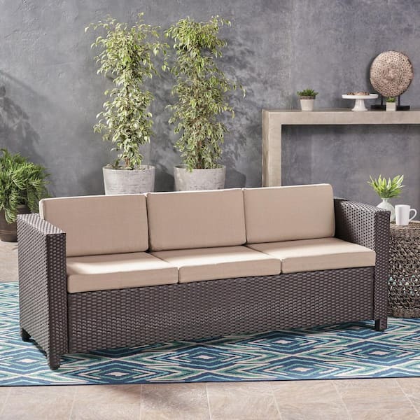 Zeus & Ruta Dark Brown Wicker Outdoor Patio Couch with Beige Cushions for Garden, Backyard, Balcony and Poolside