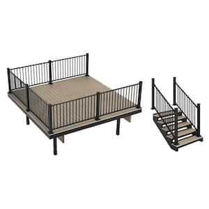Apex Freestanding 4 ft. x 12 ft. x 12 ft. Arctic Birch PVC Deck 5-Step Stair Kit with Steel Framing & Aluminum Railing