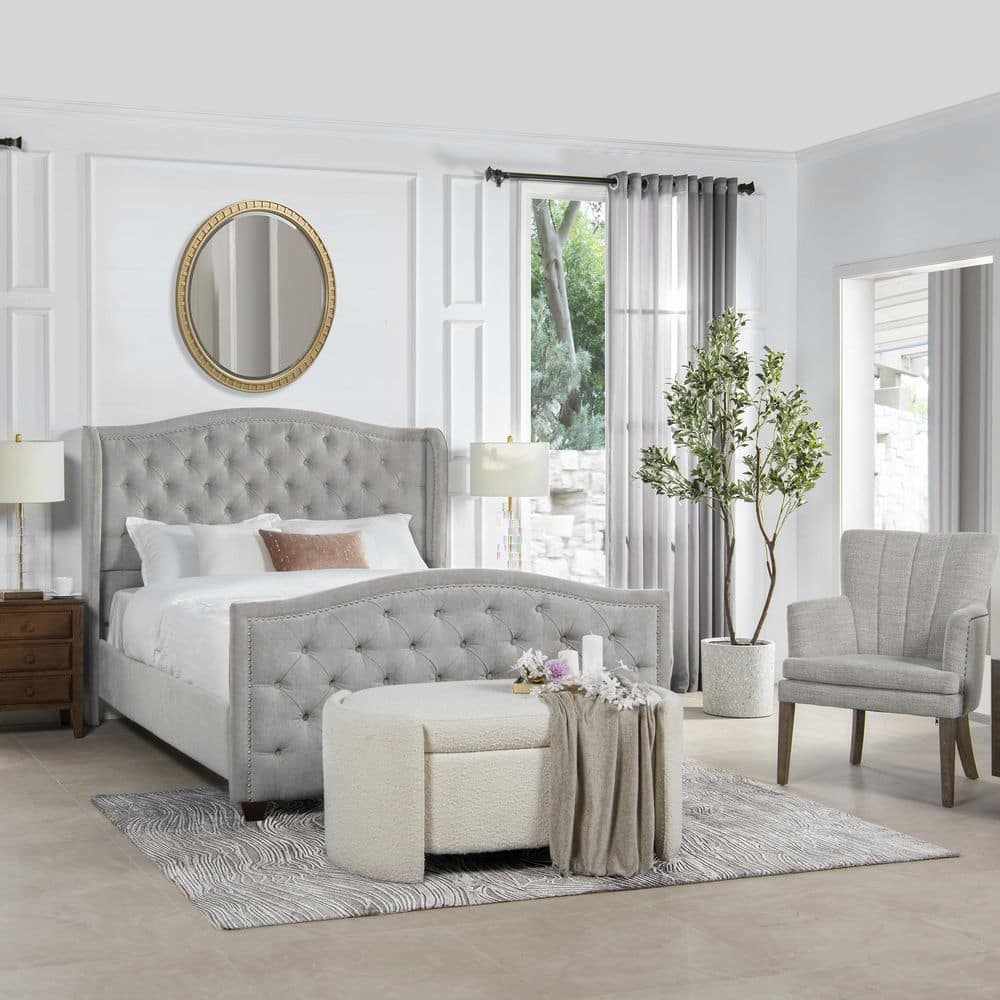 Marcella Queen Upholstered Bed with Tufted Headboard and Nailhead Trim, Silver Grey