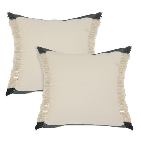 Unbranded Elevate Dark Green/Ivory Fringed 20 in. x 20 in. Indoor Throw Pillow Set of 2