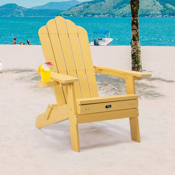 SUNRINX Yellow Poly Lumber Folding Adirondack Chair with Pullout Ottoman and Cup Holder for Patio Deck Garden (1-Pack)