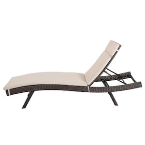 Salem Brown Faux Rattan Outdoor Chaise Lounge with Beige Cushions